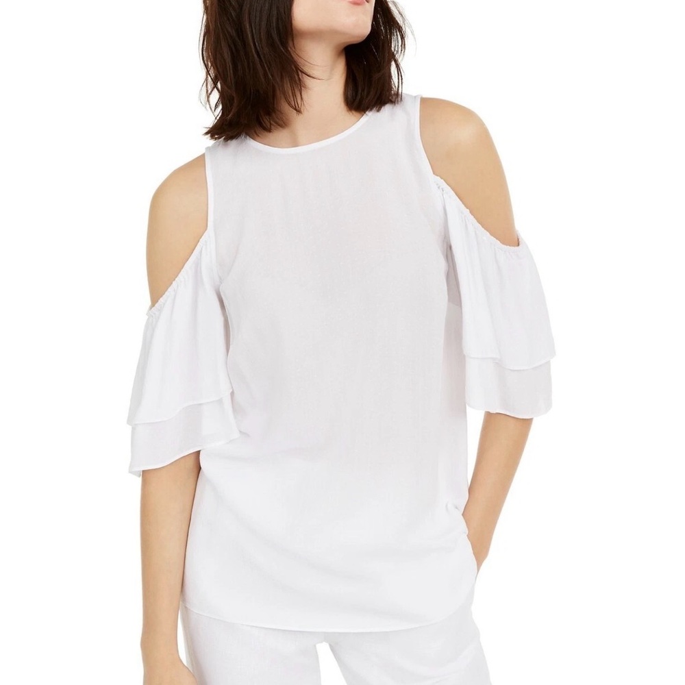 Michael Kors White Cold Shoulder Blouse with Ruffled Layered Short Sleeves NWT